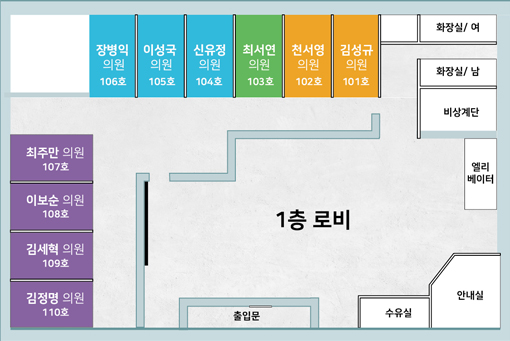 1층 안내도. 좌측 상단에서 시계방향으로 의화사무국, 북카페, 화장실, 안내실, 현관, 도서자료실, 사무국장실로 이루어져있습니다.