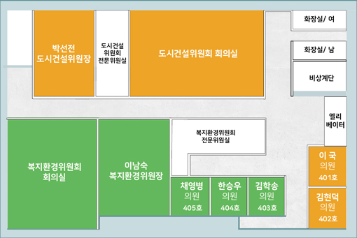 4층 안내도. 좌측 상단에서 시계방향으로 도시건설 위원장실, 도시건설 위원회 회의실, 화장실, 도기선걸 위원회 연구실, 복지환경 위원회 연구실, 복지환경 위원장실, 복지환경 위원회 회의실로 이루어져있습니다.