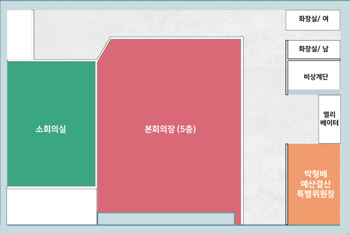 5층 안내도. 좌측 상단에서 시계방향으로 화장실, EV홀, 예산결산특별 위원장실, 본회의장, 소회의실로 이루어져있습니다.