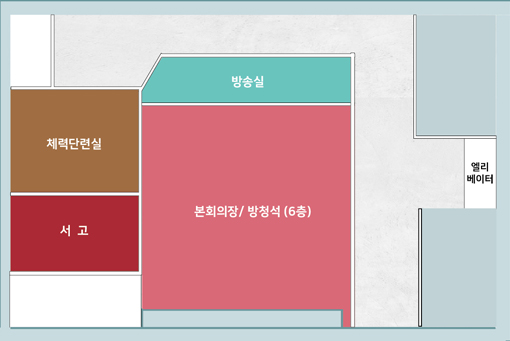 6층 안내도. 방청석을 중심으로 좌측 상단에서 시계방향으로 홈, 방송실, 화장실, 공조실, 냉각탑, (5층)본회의장, 서고, 체력단련실로 이루어져있습니다.